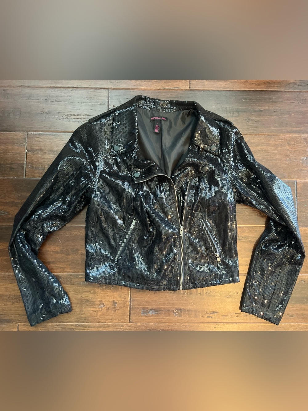 Material Girl Black Sequin Moto Jacket with Zipper & zipper pockets